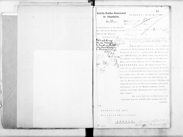 Schreiben an die Kolonialabteilung des Ausw&auml;rtigen Amts zur Behandlung der Herero in rassistischer Logik als &bdquo;Erziehung zur Arbeit&ldquo;, Windhuk den 17.4.1906, Bundesarchiv-Lichterfelde