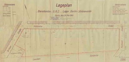 Site plan for GBI Camp 75/76 in Berlin-Schöneweide, 29 May 1943. Freese signed the plan in the bottom right-hand corner. Berlin © Dokumentationszentrum NS-Zwangsarbeit