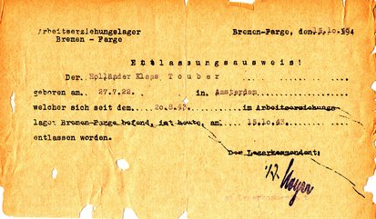 Entlassungsausweis aus dem „AEL Farge“ – Bildrechte: Denkort Bunker Valentin/ LzpB Bremen