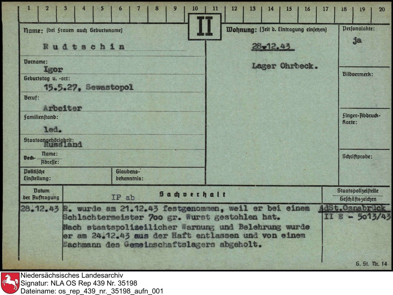Karteikarte der Gestapo &uuml;ber den russischen Zwangsarbeiter Igor Rudschin, 1943, Nieders&auml;chsisches Landesarchiv.