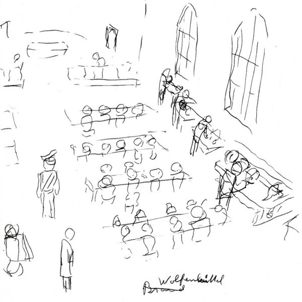Voigtländer & Sohn factory in the church of Wolfenbüttel prison, drawing by Wilfred Jensenius, 1945 © Gedenkstätte Wolfenbüttel