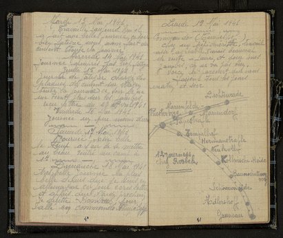 Auszug aus dem Tagebuch von Jean-Ren&eacute; Vidal, Heft 1, S.41, 19. Mai 1941, Zeichnung der S-Bahnstrecke, Archives d&eacute;partementales de la Gironde 1J 322, Bordeaux  