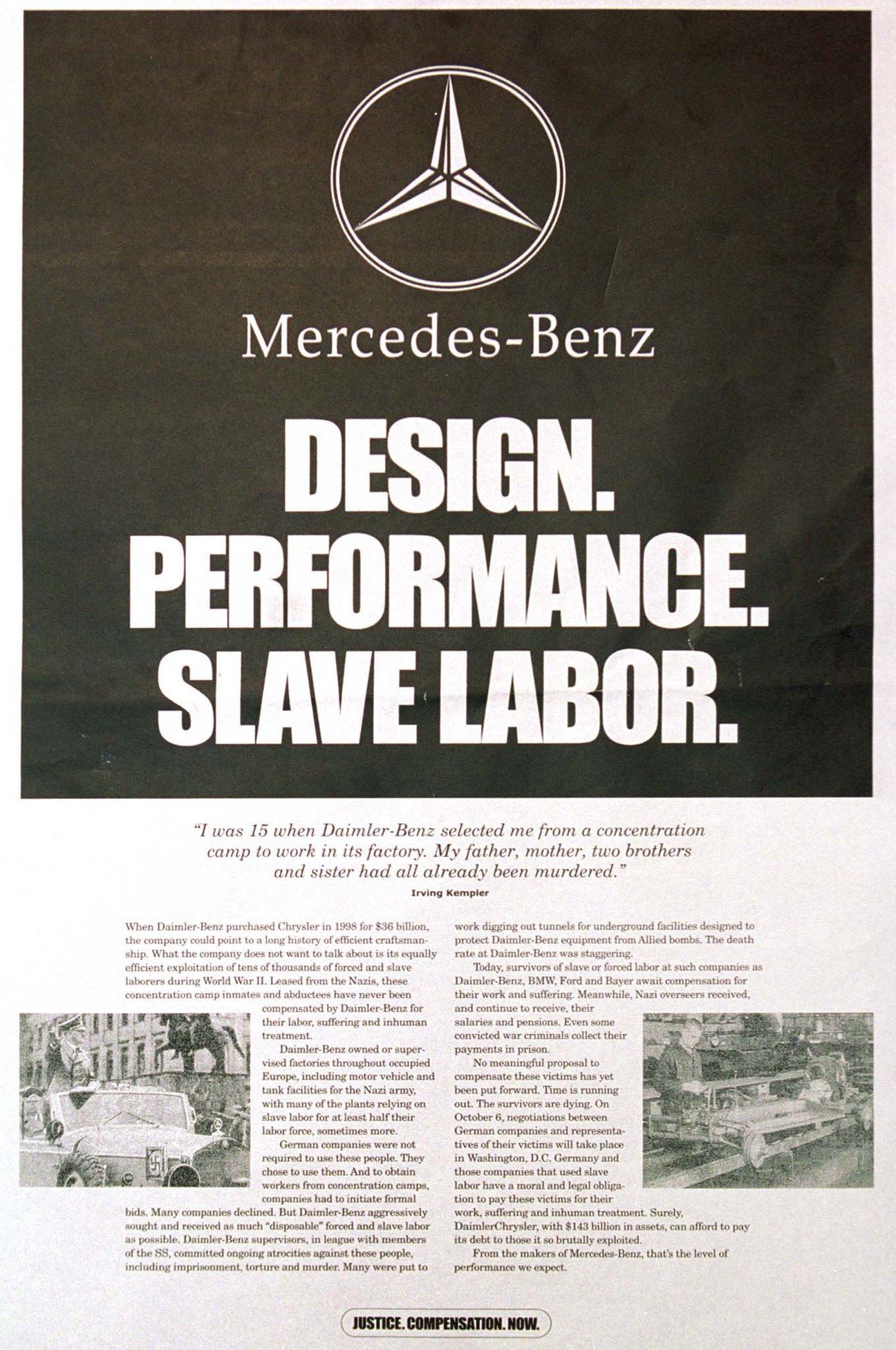 Zeitungsanzeige &bdquo;Mercedes-Benz. Design. Performance. Slave Labor.&ldquo;, The New York Times, Oktober 1999, Ullstein