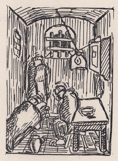 Imprisonment situation of the Night and Fog prisoners in winter 1944/1945, drawing by Wilfred Jensenius, undated © Gedenkstätte Wolfenbüttel