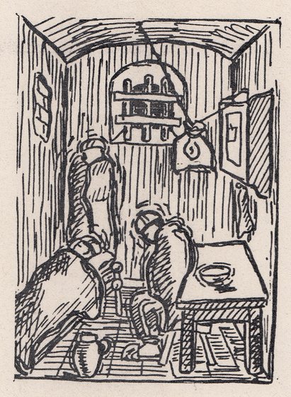 Haftsituation der &bdquo;Nacht- und Nebel&ldquo;-Gefangenen im Winter 1944/45, Zeichnung: Wilfred Jensenius, undatiert / Gedenkst&auml;tte Wolfenb&uuml;ttel 