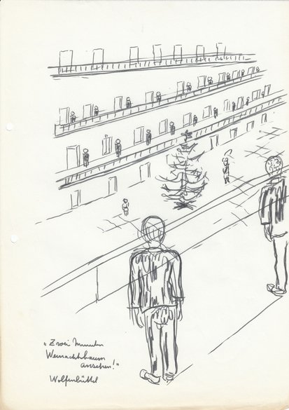 “Two minutes to look at the Christmas tree!”, Wolfenbüttel, drawing by Wilfred Jensenius, 1945 (after liberation) © Gedenkstätte Wolfenbüttel 