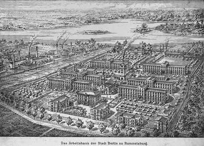 Strichzeichnung des Arbeitshaus Rummelsburg, Berlin, 1894, Abbildung in Büchner, Mitteilungen des Statistischen Amts der Stadt Berlin Nr. 5, Heft 9 v. Mai 1931 Strichzeichnung des Arbeitshaus Rummelsburg, Berlin, 1894, Abbildung in Büchner, Mitteilungen des Statistischen Amts der Stadt Berlin Nr. 5, Heft 9 v. Mai 1931