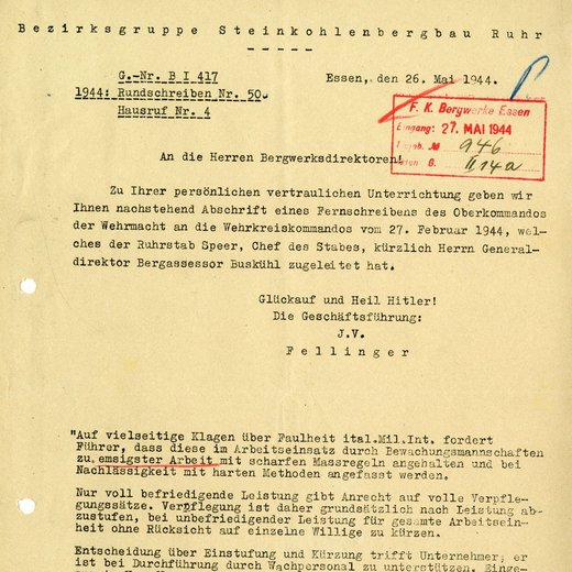 Circular from the Ruhr Coal Mining District Group about the introduction of “performance rations”, Essen, 26 May 1944 © Montanhistorisches Dokumentationszentrum beim Deutschen Bergbau-Museum Bochum/Bergbau Archiv, BBA 20/242