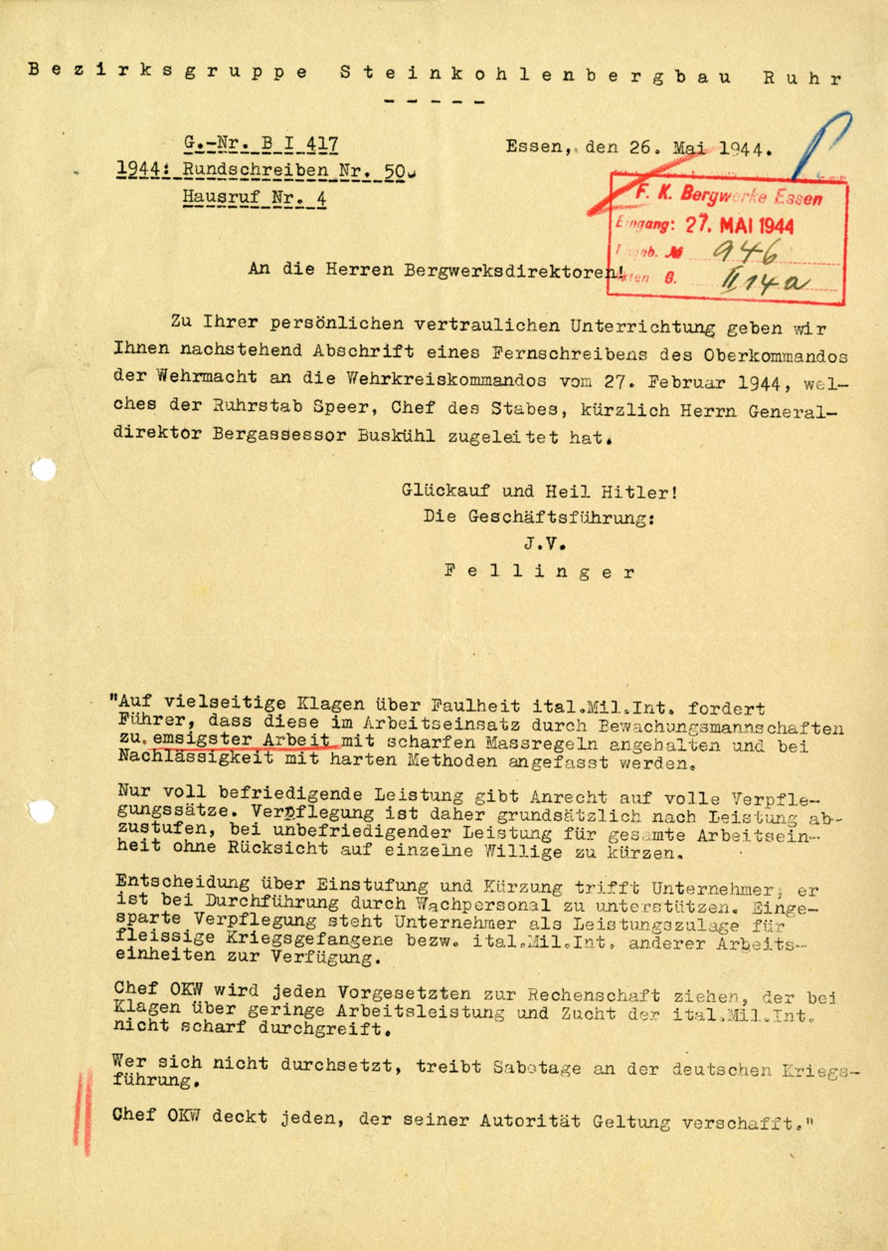 Rundschreiben der Bezirksgruppe Steinkohlenbergbau Ruhr &uuml;ber die Einf&uuml;hrung der &bdquo;Leistungsern&auml;hrung&ldquo;, Essen, 26. Mai 1944, Montanhistorisches Dokumentationszentrum (montan.dok) beim Deutschen Bergbau-Museum Bochum/Bergbau Archiv, BBA 20/242 