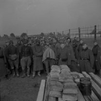 Sowjetische Gefangene warten in Kolonne aufgereiht auf die Verteilung der Verpflegung, 1941/42, Bildarchivnummer 2234, Archiv der Gedenkstätte Ehrenhain Zeithain