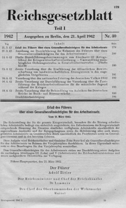 Zwangsarbeit in Thüringen, Erlass über einen Generalbevollmächtigten für den Arbeitseinsatz. Quelle: https://www.db-thueringen.de/servlets/MCRFileNodeServlet/dbt_derivate_00023353/Zwangsarbeit_in_Th_ringen.pdf, S. 47 