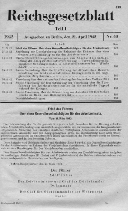 Zwangsarbeit in Th&uuml;ringen, Erlass &uuml;ber einen Generalbevollm&auml;chtigten f&uuml;r den Arbeitseinsatz. Quelle: https://www.db-thueringen.de/servlets/MCRFileNodeServlet/dbt_derivate_00023353/Zwangsarbeit_in_Th_ringen.pdf, S. 47 