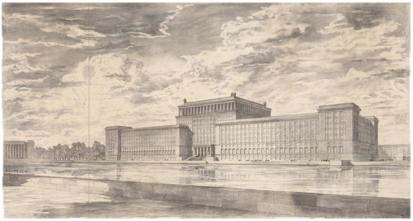 Architectural drawing by Hans Freese showing a perspective view of the planned but never built Supreme Command Headquarters of the Navy on the site of today’s Reichpietschufer, 1938-1939, Berlin © Architekturmuseum der TU Berlin, Inv. no. 10065