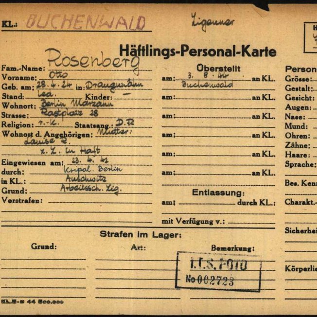 Otto Rosenberg's prisoner identity card from Buchenwald concentration camp. The racial slur “Zigeuner” (“gypsy”) is written twice on the card, the most common Nazi categorisation of Sinti and Roma concentration camp prisoners. © Arolsen Archives