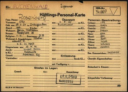 Otto Rosenberg's prisoner identity card from Buchenwald concentration camp. The racial slur “Zigeuner” (“gypsy”) is written twice on the card, the most common Nazi categorisation of Sinti and Roma concentration camp prisoners. © Arolsen Archives