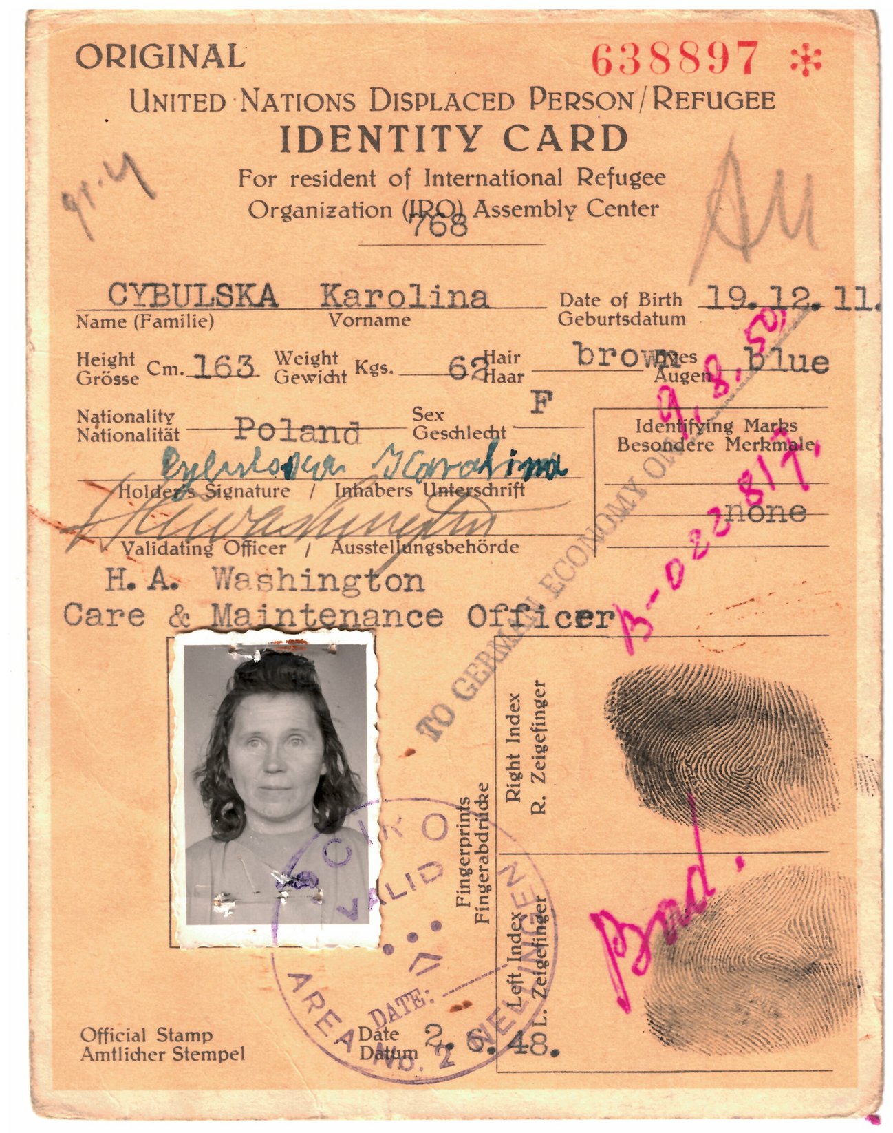 DP-Ausweis der Bäuerin Karolina Cybulska aus Polen, Arolsen Archives