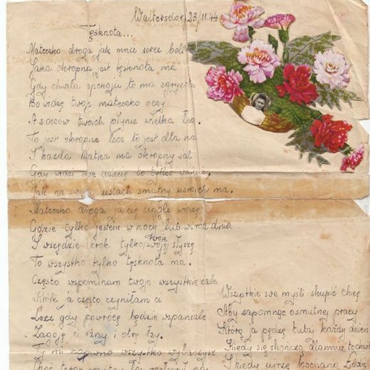 Letter from Polish forced labourer Alicja Nabiałczyk to her mother. The letter is entitled “Longing”, 1944, Dokumentationszentrum NS-Zwangsarbeit / Berlin History Workshop Collection.zyk an ihre Mutter.