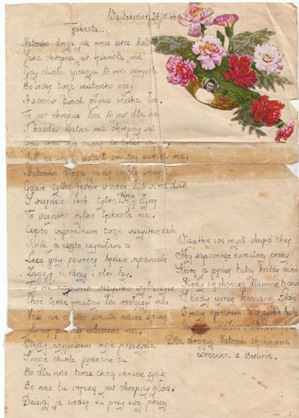 Letter from Polish forced labourer Alicja Nabiałczyk to her mother. The letter is entitled “Longing”, 1944, Dokumentationszentrum NS-Zwangsarbeit / Berlin History Workshop Collection.zyk an ihre Mutter.