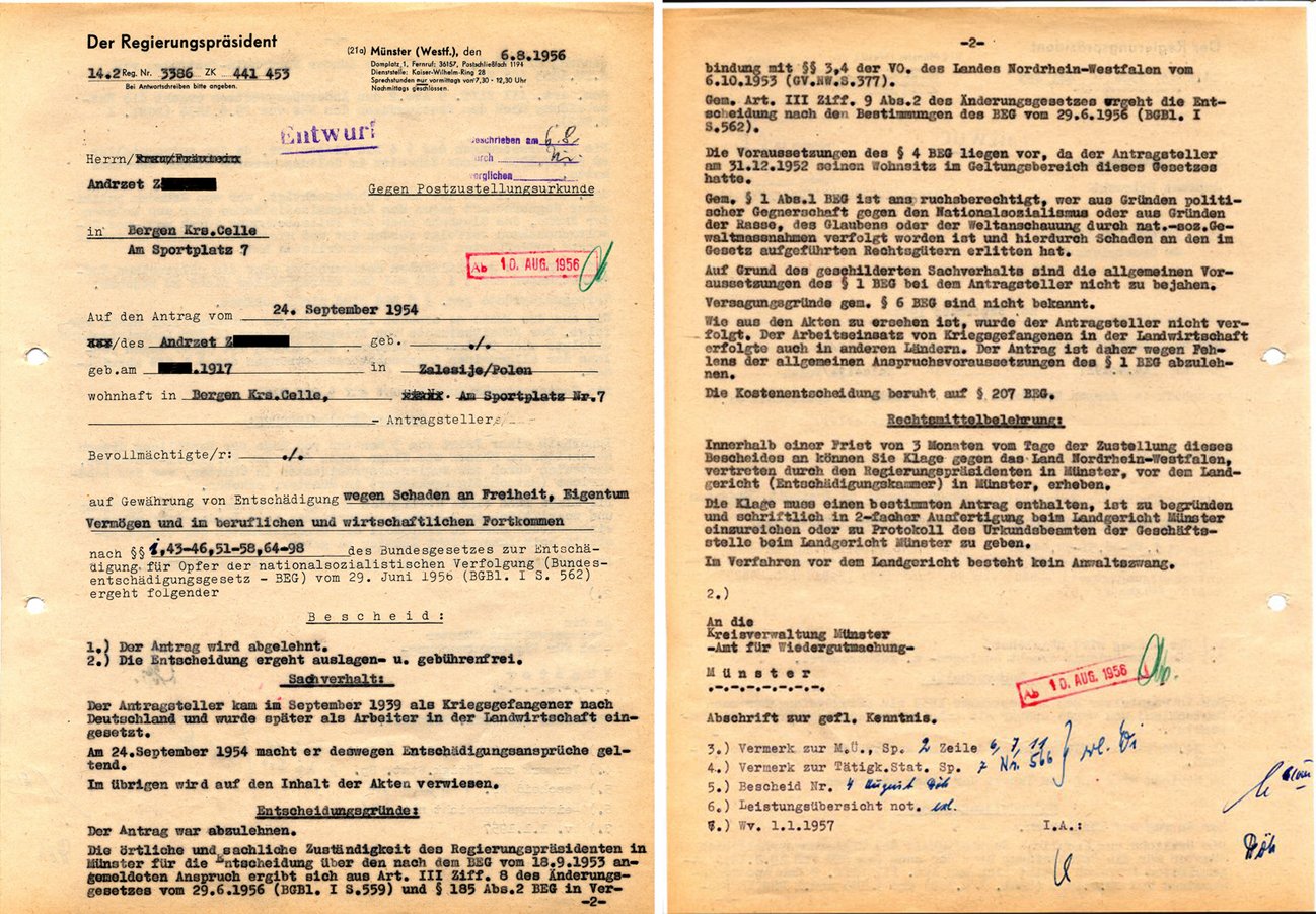 Ablehnung des Entschädigungsantrags von Herrn Z., LAV NRW W, K 204/Regierung Münster, Wiedergutmachungen Nr. 3386