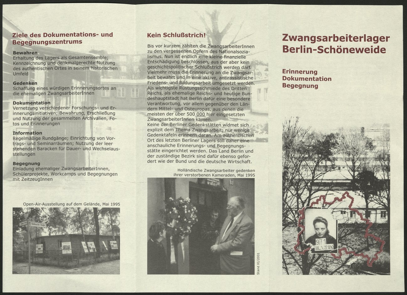 Flyer „Zwangsarbeiterlager Berlin-Schöneweide“ vom Förderkreis für ein Dokumentations- und Begegnungszentrum zur NS-Zwangsarbeit in Berlin-Schönbeweide e.V., ca. 2001, Förderkreis für ein Dokumentations- und Begegnungszentrum zur NS-Zwangsarbeit