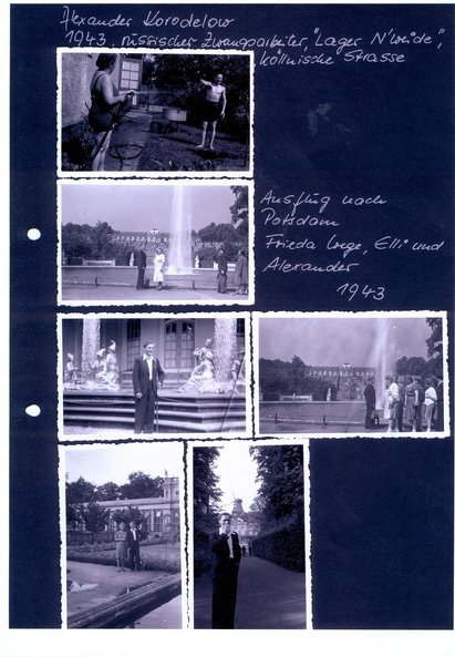 Eine Seite aus dem Fotoalbum, die verschiedene Freizeitszenen der Familie K&ouml;hn (Onkel und Tante, sowie Elli K&ouml;hn) und dem russischen Zwangsarbeiter Alexander Korodelow zeigt, 1943, Dokumentationszentrum NS-Zwangsarbeit