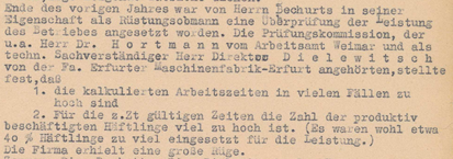 Auszug aus einem Bericht über Zwangsarbeit im Fritz-Sauckel-Werk. Die Delegation kam zu dem Ergebnis, dass die Arbeit der KZ-Häftlinge noch zu leicht sei.