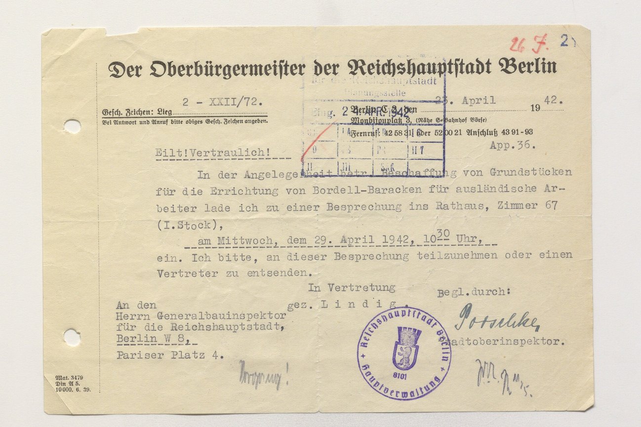Letter from the Mayor of Berlin to the GBI regarding the construction of brothel barracks for foreign forced labourers, 1942 © BArch 4606/2094