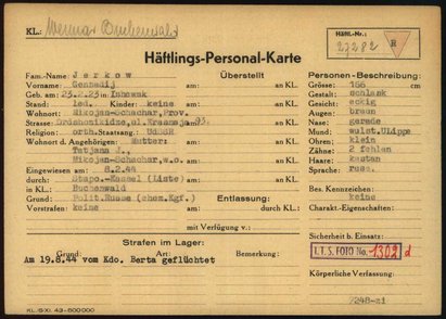 Personalkarte Gennadij Jerkows aus dem Konzentrationslager Buchenwald, 1944, Arolsen Archives Personalkarte Gennadij Jerkows aus dem Konzentrationslager Buchenwald, 1944, Arolsen Archives
