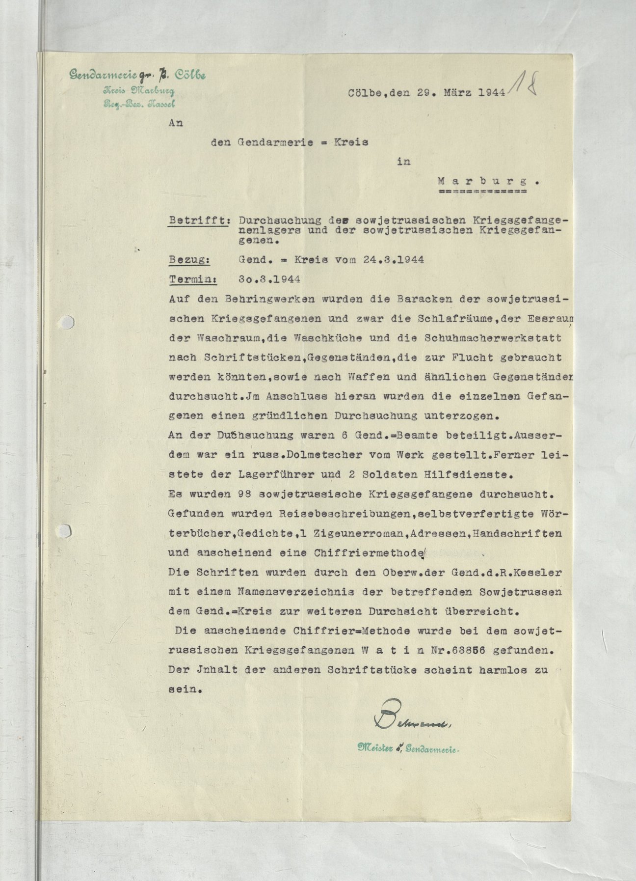 Schreiben Gendarmerie Cölbe an die Gendarmerie Kreis Marburg vom 30.03.1, HStA Marburg, LA 180 Marburg, Nr. 4146.944 Schreiben Gendarmerie Cölbe an die Gendarmerie Kreis Marburg vom 30.03.1, HStA Marburg, LA 180 Marburg, Nr. 4146.944