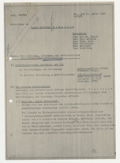 Mitteilung an den Direktor der Daimler Benz AG zur Unterbringung und Bewachung von sowjetischen Zwangsarbeiter:innen, 11. April 1942, Initiative Lern- und Gedenkort Hotel Silber e.V. Mitteilung an den Direktor der Daimler Benz AG zur Unterbringung und Bewachung von sowjetischen Zwangsarbeiter:innen, 11. April 1942, Initiative Lern- und Gedenkort Hotel Silber e.V.