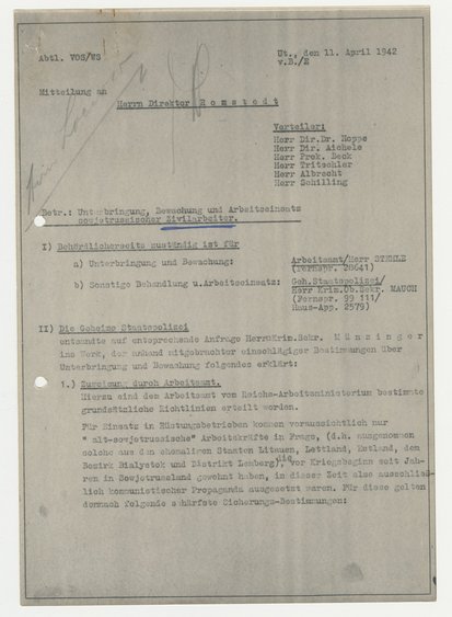 Memo to the director of Daimler Benz AG on the accommodation and guarding of Soviet forced labourers, 11 April 1942 © Initiative Lern- und Gedenkort Hotel Silber e.V.