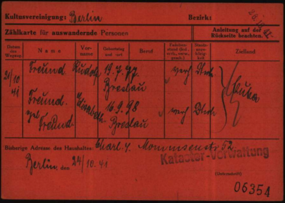 Die Karteikarte datiert den Wegzug der Freunds nach Kuba auf den 21. Oktober 1941, Arolsen Archives Die Karteikarte datiert den Wegzug der Freunds nach Kuba auf den 21. Oktober 1941, Arolsen Archives
