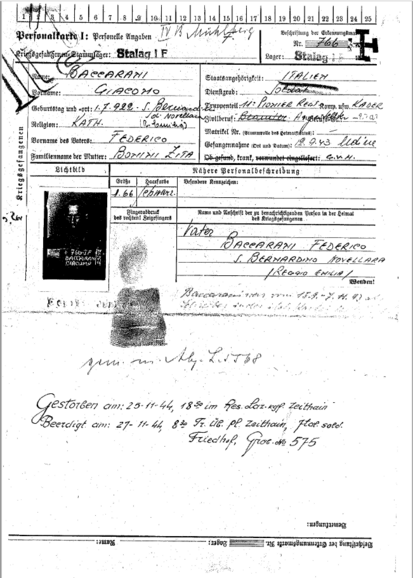 Identity card I for Giacomo Baccarani showing his various places of internment © Bundesarchiv