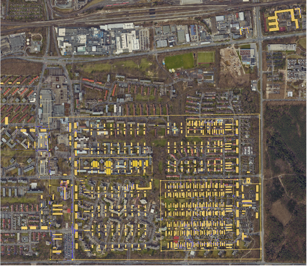 View of the Langwasser district. The former prisoner of war camp is marked in yellow (areas 5a and b) © Dokumentationszentrum Reichsparteitagsgelände, Janosch Steuwer